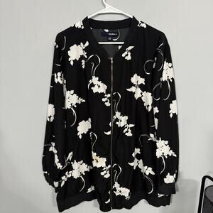 Denim 24/7 Black & White Floral Full Zip Lightweight Bomber Jacket Plus Size 24W